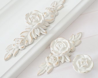 Rose  Flower Shabby Chic Dresser Drawer Knobs Pulls Handles Creamy White Gold  Kitchen Cabinet Knobs Handles Pull  Knob Hardware