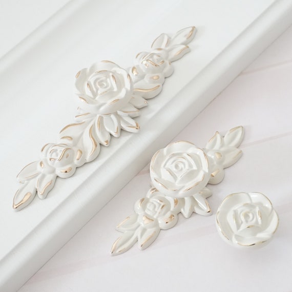 Rose Flower Shabby Chic Dresser Drawer Knobs Pulls Handles Creamy White Gold Kitchen Cabinet Pull Knob Hardware
