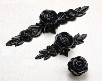 Flower Shabby Chic Dresser Drawer Pulls Handles / Black Rose Cabinet Pull Handle Knobs Furniture Hardware