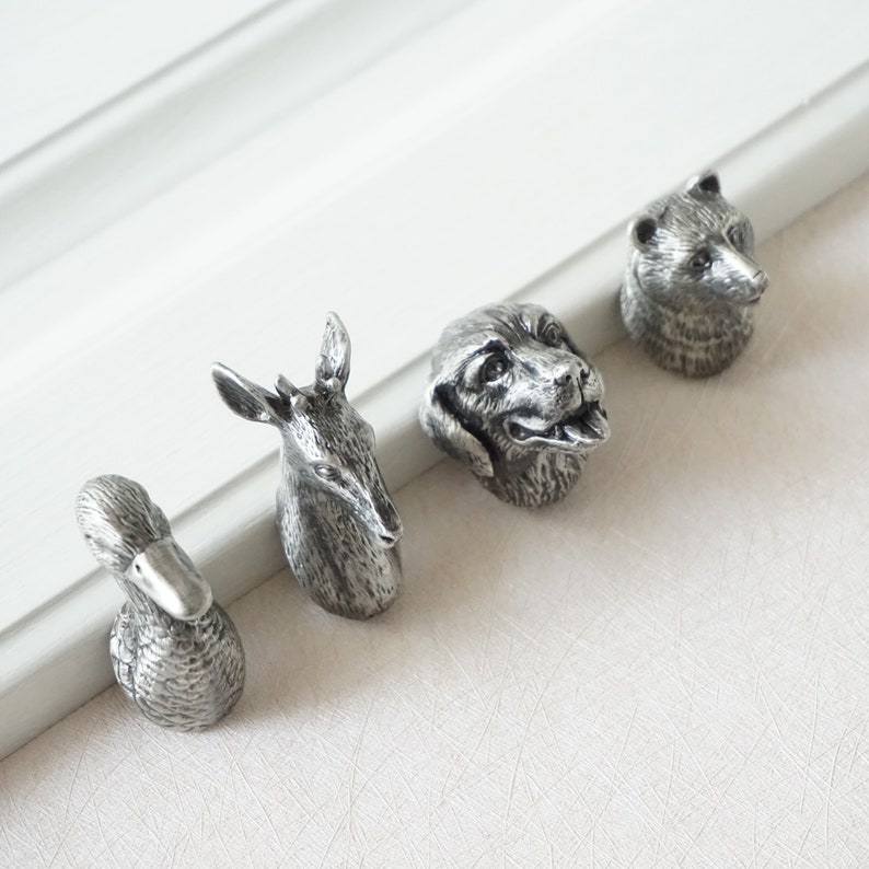 Antique Silver Drawer Knobs Animal Cabinet Knobs Dresser Knobs Drawer Pull Handles Pulls Handle Duck Deer Bear Dog High quality image 6