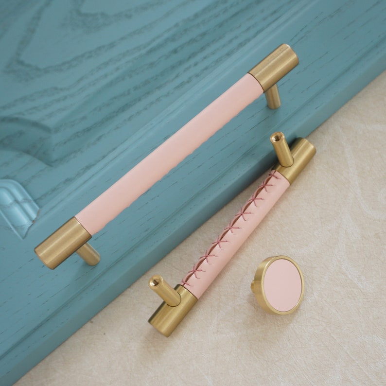 3.78'' 5'' 8.8 Pink Leather Cabinet Door Handles Colorful Dresser Knobs Solid Brass Drawer Pulls and Knobs Kitchen Cupboard Handle image 2