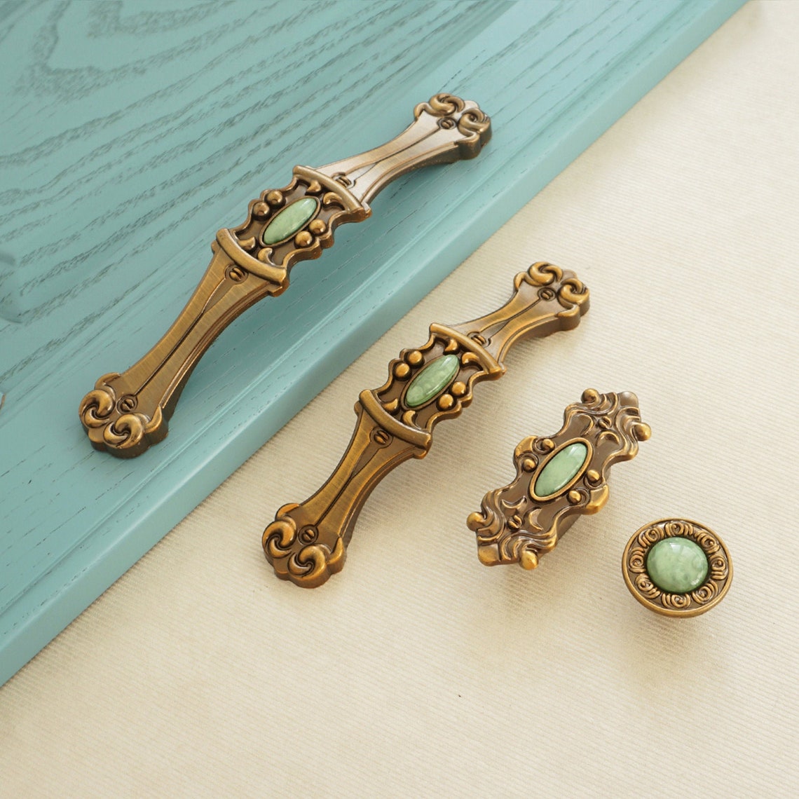 3.78'' 5 Antique Brass Green Drawer Knobs Pulls Etsy
