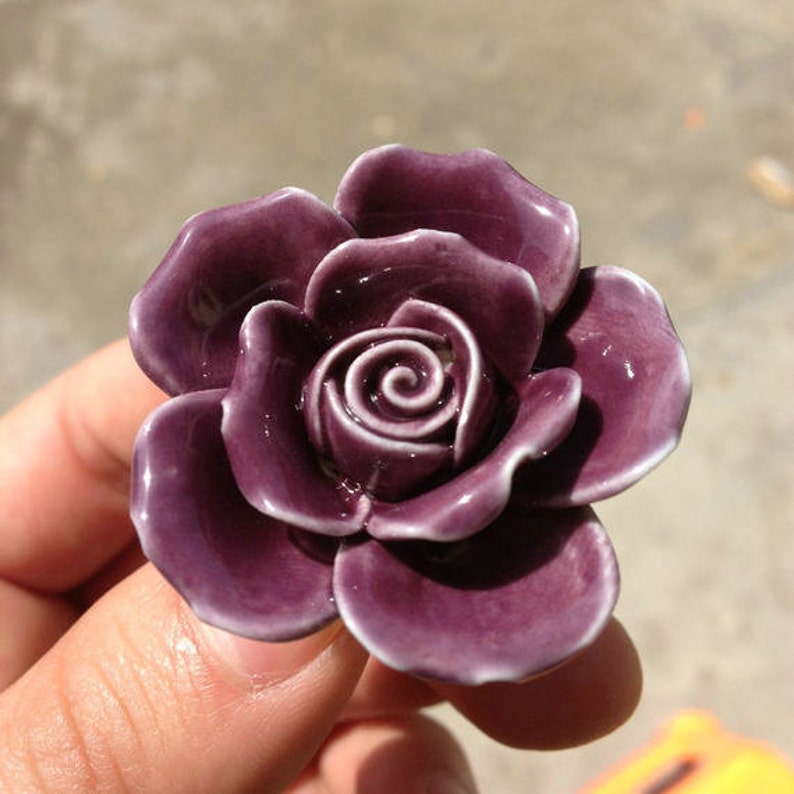 Knobs Rose Flower Shabby Chic Dresser Knobs Ceramic Drawer Knobs Pulls Handles Unique Cabinet Knobs Pull Handle Hardware Dark Purple