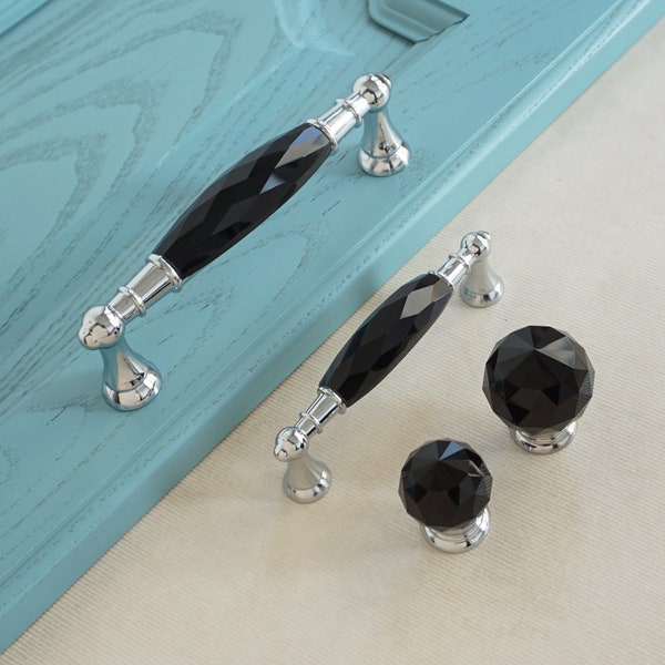 3.78" 5" Black Crystal handles Knob Drawer Pull Knob Glass Dresser Handles Pulls Chrome Silver Cupboard Handles Cabinet Handle Closet Pulls