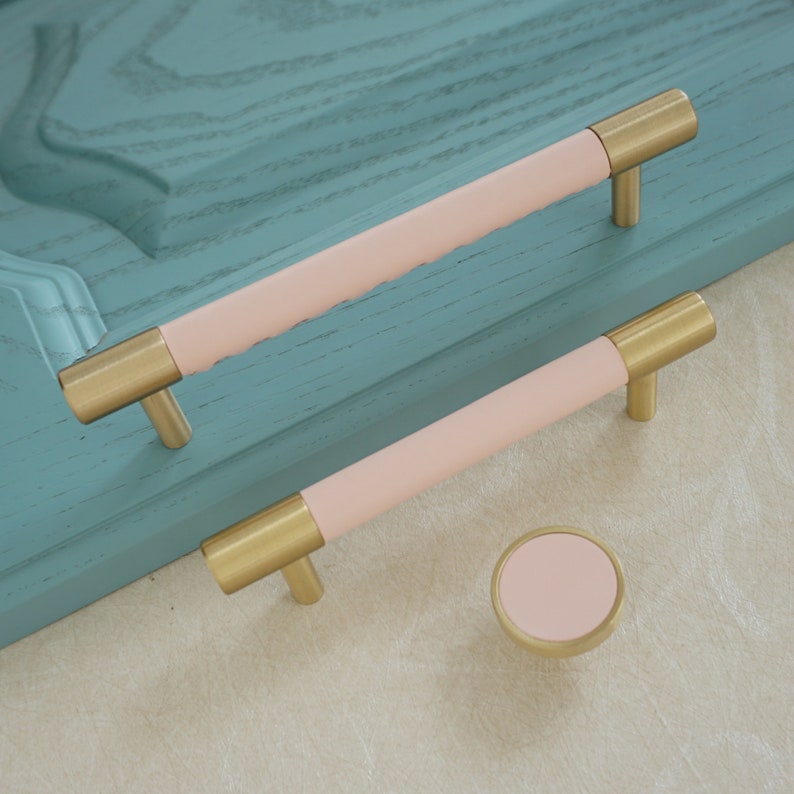 3.78'' 5'' 8.8 Pink Leather Cabinet Door Handles Colorful Dresser Knobs Solid Brass Drawer Pulls and Knobs Kitchen Cupboard Handle image 1