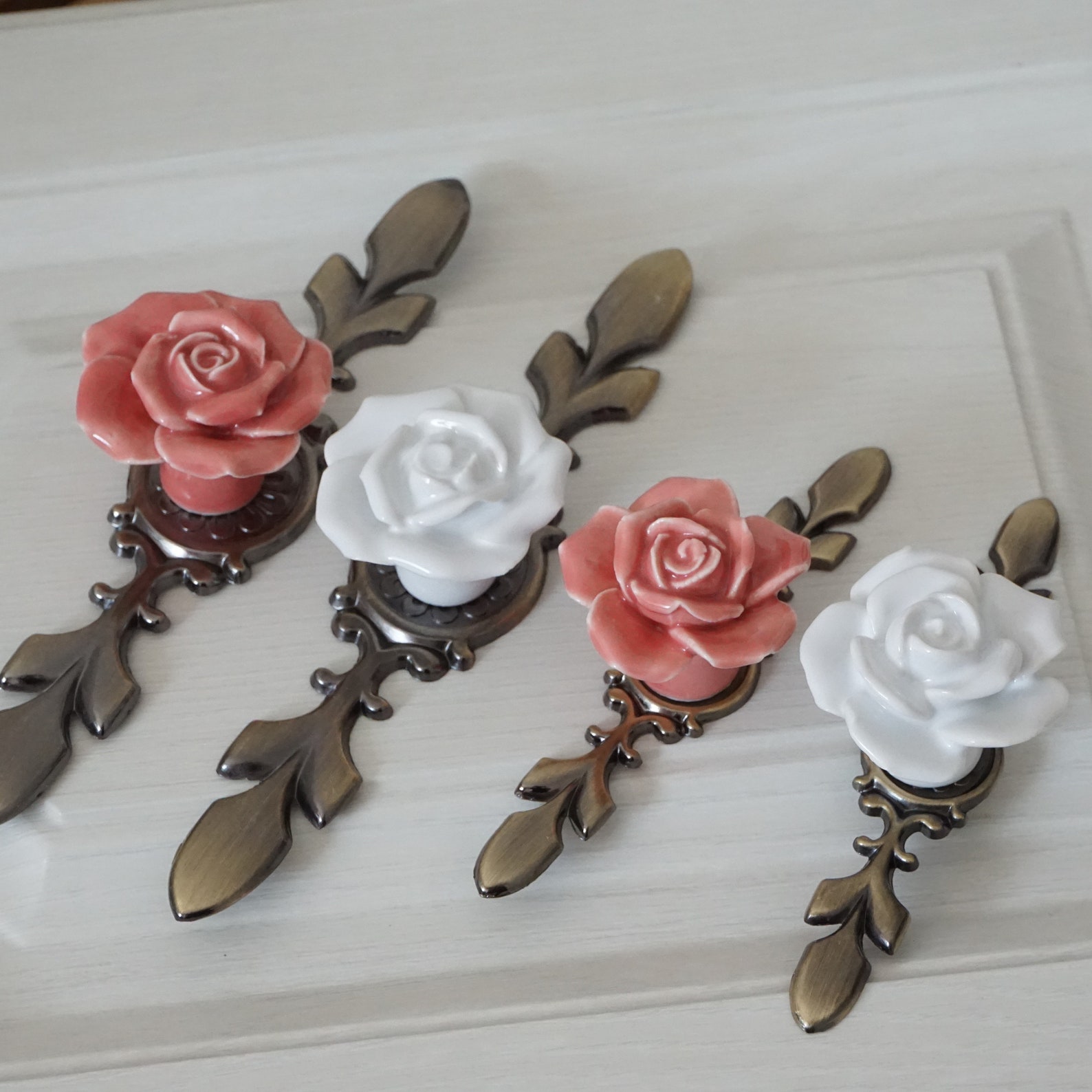 Rose Flower Pulls Handles Ceramic Knob Handle Back Plate Door Etsy