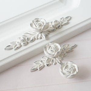 Flower Dresser Handles back plate Drawer Knobs Pulls Handles Creamy White Silver Rose knob Shabby Chic Kitchen Cabinet Knobs Handles