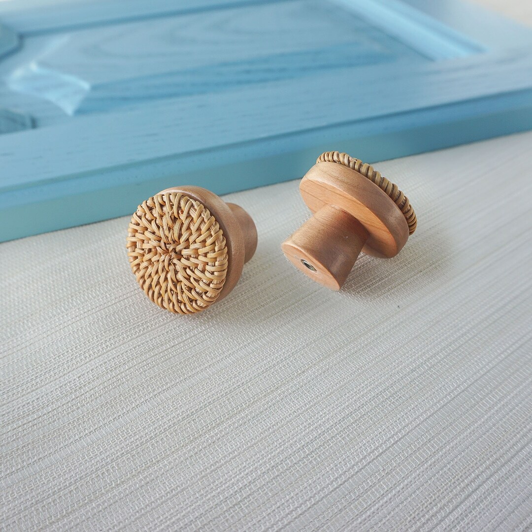 Unique Wood Knobs Rattan Drawer Pull Wooden Knob Pull Boho