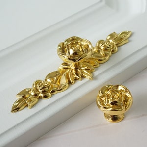 Gold Rose Knobs Flower Dresser Knob Pulls Drawer Pull Handles gold Kitchen Cabinet Door Handle Vintage Furniture Hardware