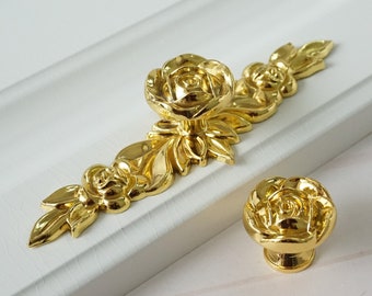 Gold Rose Knobs Flower Dresser Knob Pulls Drawer Pull Handles gold Kitchen Cabinet Door Handle Vintage Furniture Hardware