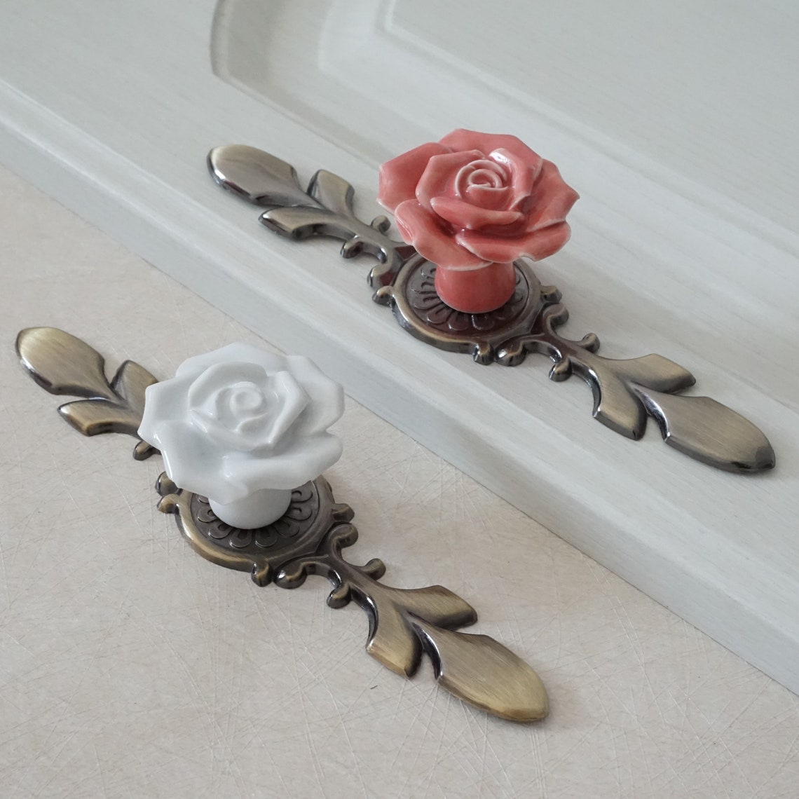 Rose Flower Pulls Handles Ceramic Knob Handle Back Plate Door Etsy