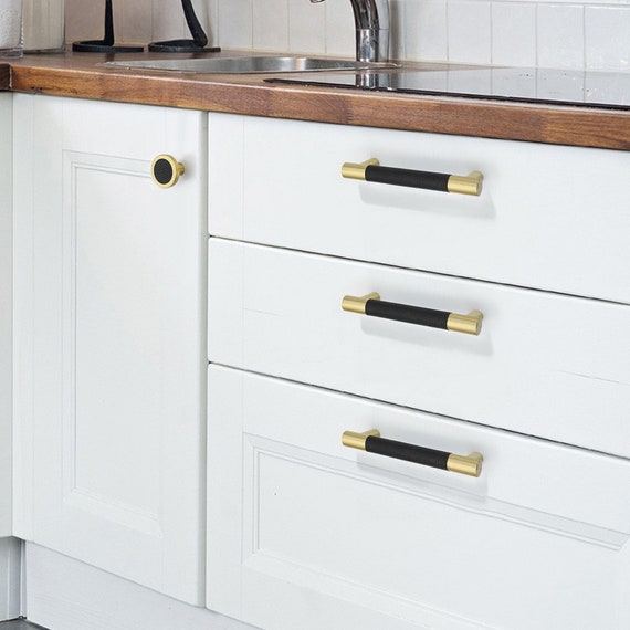 Solid Brass Black Leather Drawer Pulls and Knobs Kitchen Pull Knob Cabinet  Handle Modern Dresser Knob Decor Cabinet Hardware 