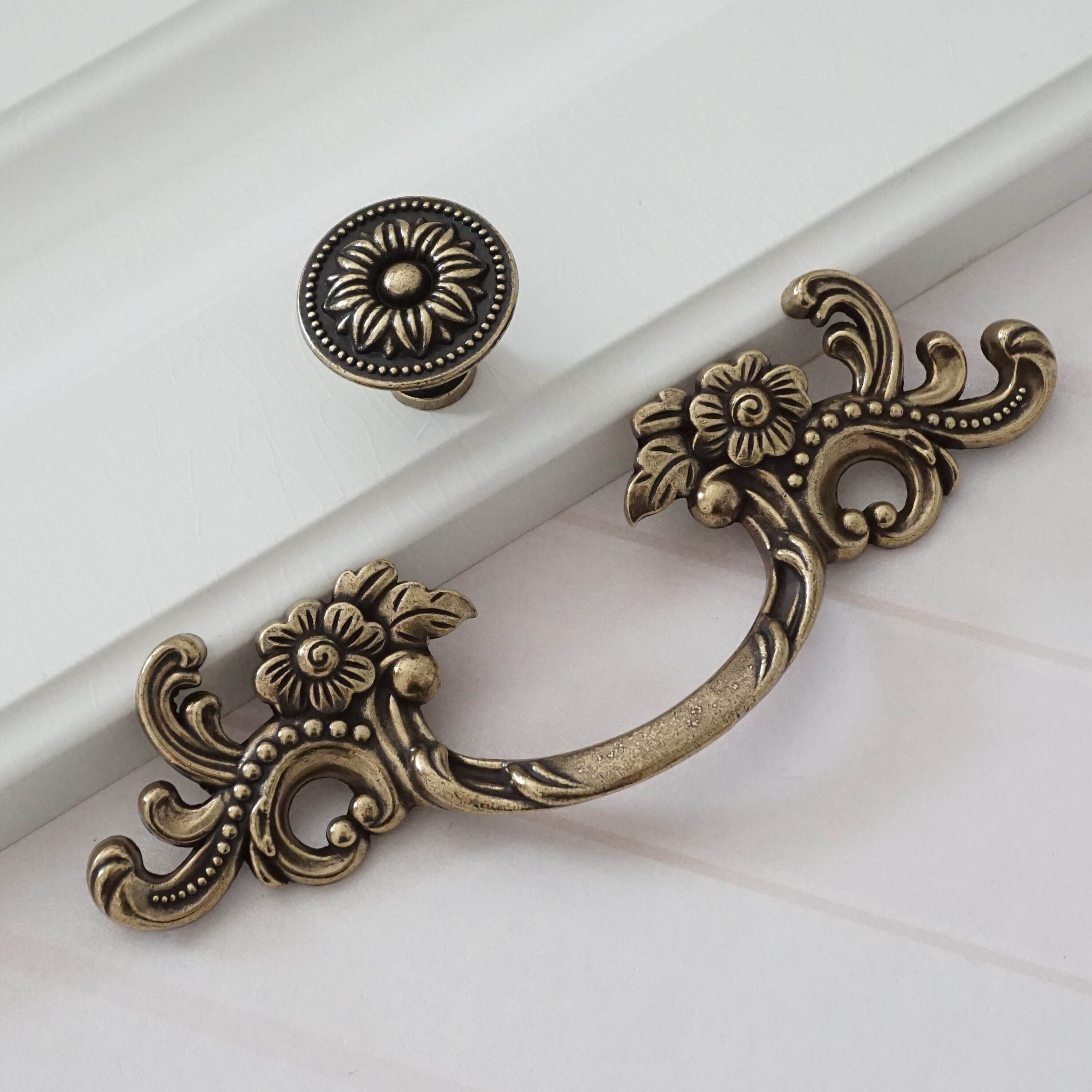 vintage dresser handles Pair Old Reclaimed Salvaged Colonial Brass Chest Drawer Furniture Drop Pulls Handle The small pull is 4.9 long Renashed 3