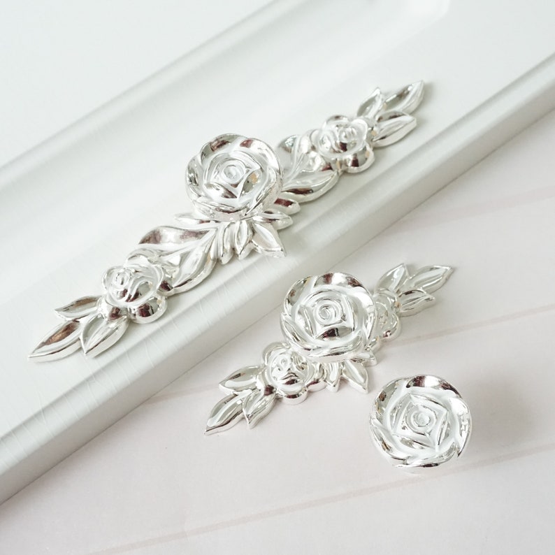 Silver White Rose Chic Dresser Drawer Knobs Pulls Handles Etsy