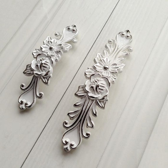 Shabby Chic Dresser Drawer Pulls Handles off White Silver French