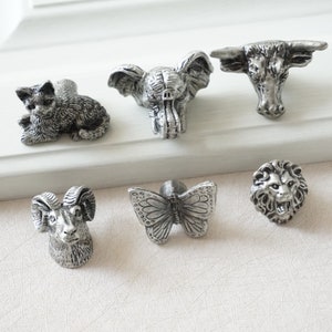 Animal  Cabinet Knobs  Antique Silver Drawer Knobs Dresser Knobs Drawer Pull Handles Pulls Handle Cat sheep butterfly lion Bull Elephant