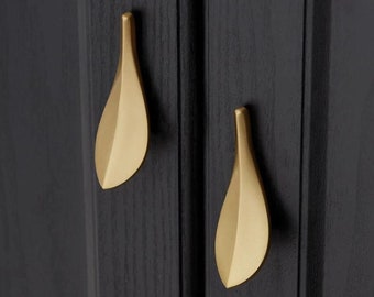 1.2" Gold Leaf Drawer Pulls Furniture Hardware Brushed Brass Cabinet Handles Knobs Kitchen Pulls