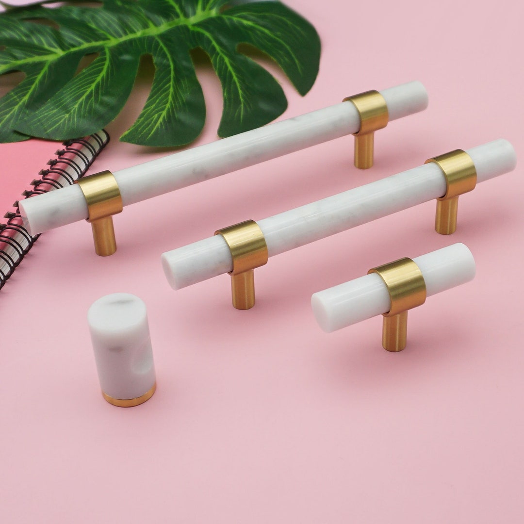 3.78 5white Gray Marble Kitchen Pulls Dresser Knobs Handles Brass