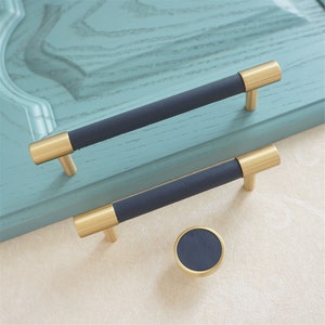 3.78'' 5'' 8.8"Dark Blue Leather Cabinet Handles and Knobs Dresser Knobs Solid Brass Drawer Pulls and Knobs Kitchen Cupboard Handle