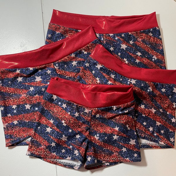 RTS Ready to Ship patriotic americana USA red and blue with white stars, dance, gymnastics, cheerleading or booty shorts