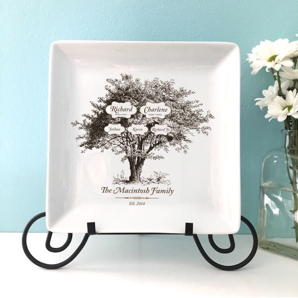 Assiette carrée personnalisée arbre généalogique héritage cadeau de pendaison de crémaillère d'anniversaire de mariage