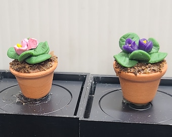 Two Miniature Dollhouse Polymer Clay Violets in Terracotta Pots