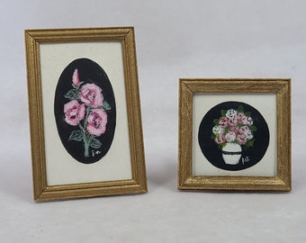 Two Miniature Dollhouse Artisan Signed Floral Still Life Framed Paintings