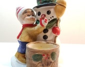 Vintage Luvkins Friends Jasco Porcelain Snowman and Child Candle Holder