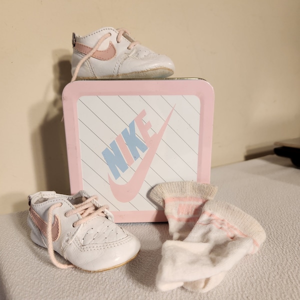 1986 Nike Swoosh Girl Baby Socks and Shoes in Original Nike Tin Made in Korea