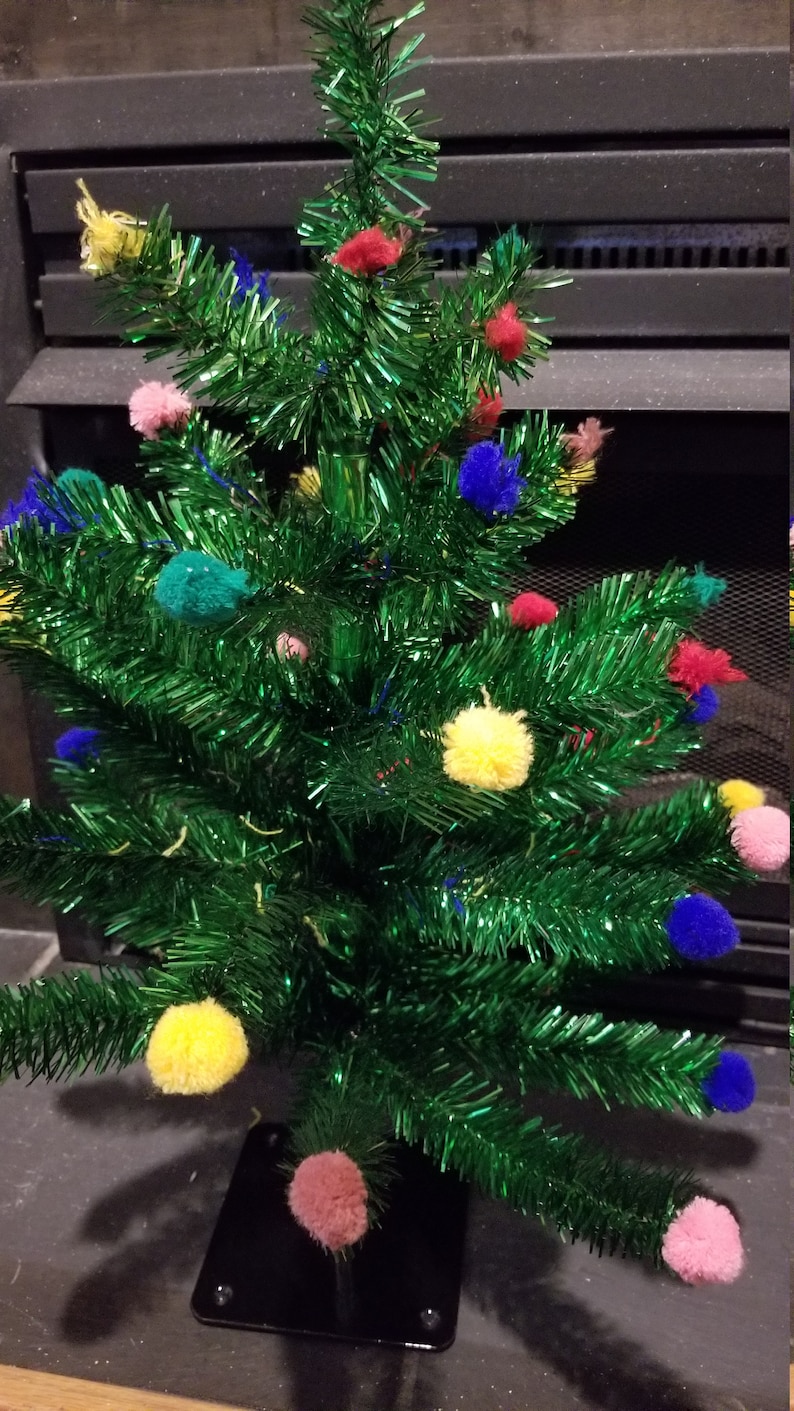 25 Green Tabletop Tinsel Tree With Colorful Pom Poms Etsy