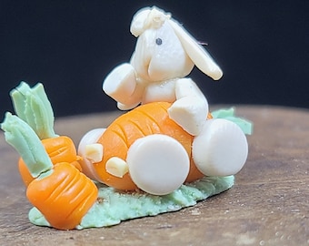 Vintage Miniature Dollhouse Polymer Clay Easter Bunny Carrot Car Artisan Signed KG (Karen Gibbs)