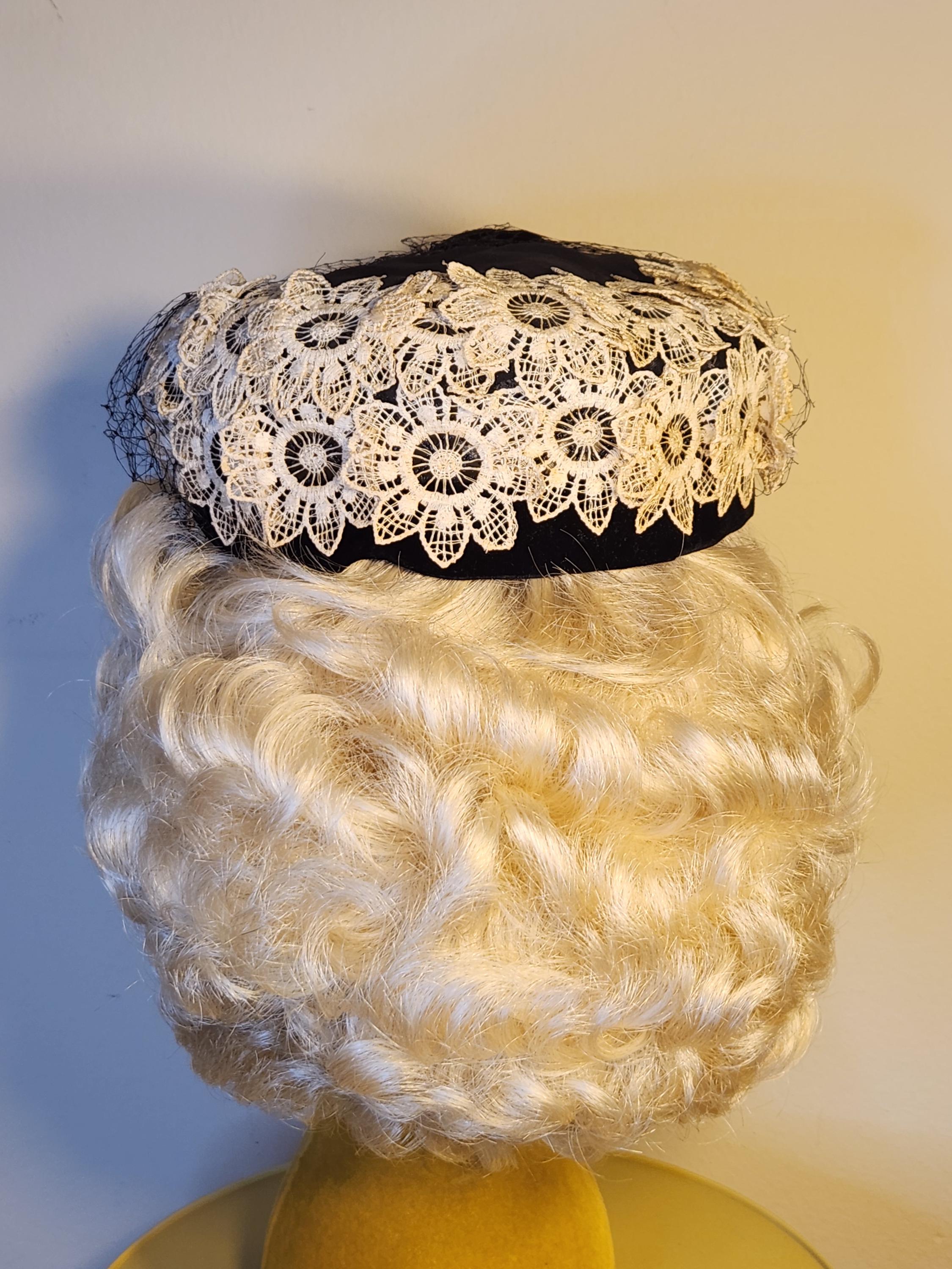 Vtg ladies pill box hat, white black , veil netting, Union Made, made in USA Vintage Pillbox Hat: Black & White Lace Veil, Union Made - Etsy main image 2