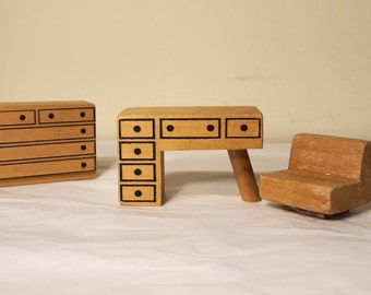 Three Vintage Woodblock Miniature Dollhouse Desk and Dresser With Chair Mid-century Dollhouse Furniture