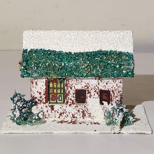 Mid-century Putz Japan Cardboard Rectangular Christmas Village House With Green and White Roof Vintage 1950s Putz House