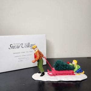 Vintage Retired Department 56 Bringing Home The Tree Snow Village Handpainted Ceramic Accessory in Box