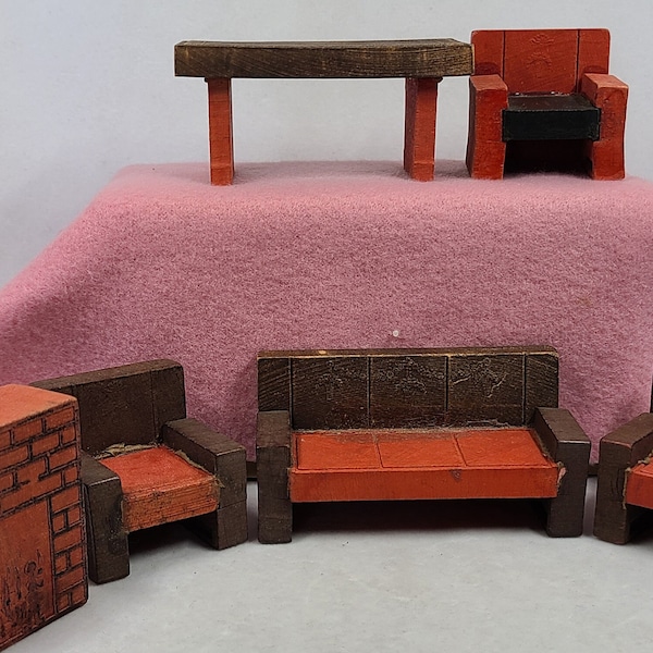 Six Ww2 Era Miniature Dollhouse Wooden Living Room Pieces of Furniture