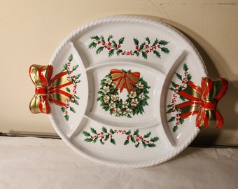 One Vintage Ullman Hollt Ribbon Bow Sectional Christmas Serving Tray USA