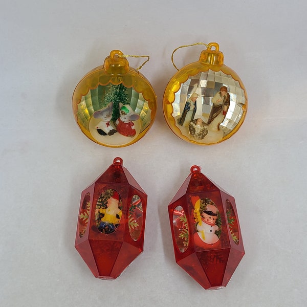 Four Vintage Plastic Diorama Christmas Tree Ornaments