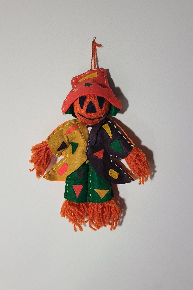Vintage Halloween Yarn Scarecrow Doll With Felt Clothing Etsy