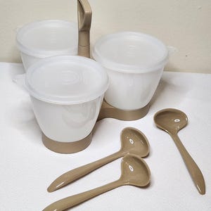 Vintage Tupperware Almond Condi-Mate Condiment Caddy With Lids and Ladle Spoons #757