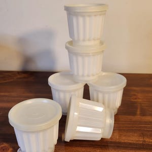 Six Vintage Tupperware Jel-ette Jello Mold Cups With Lids and Designs Single Serve Jello Molds