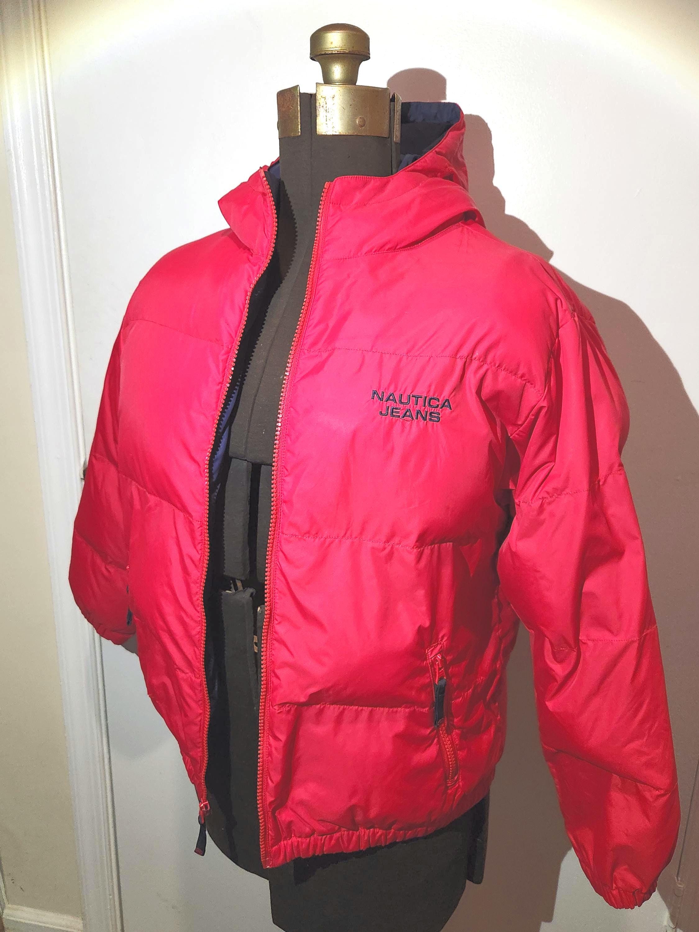 1980s Red Nautica Jeans Co Hooded Down Puff Ski Jacket Size 1980s Red Nautica Jeans Co Hooded Down Puff Ski Jacket Size