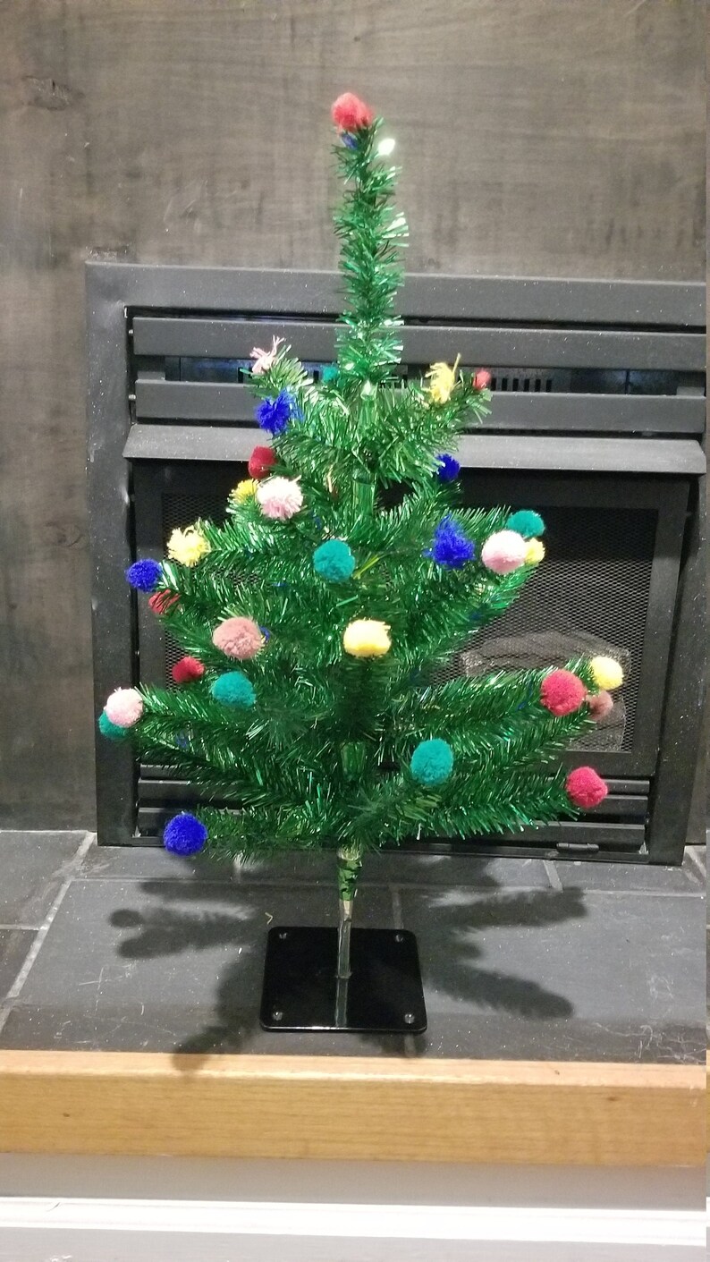 25 Green Tabletop Tinsel Tree With Colorful Pom Poms Etsy