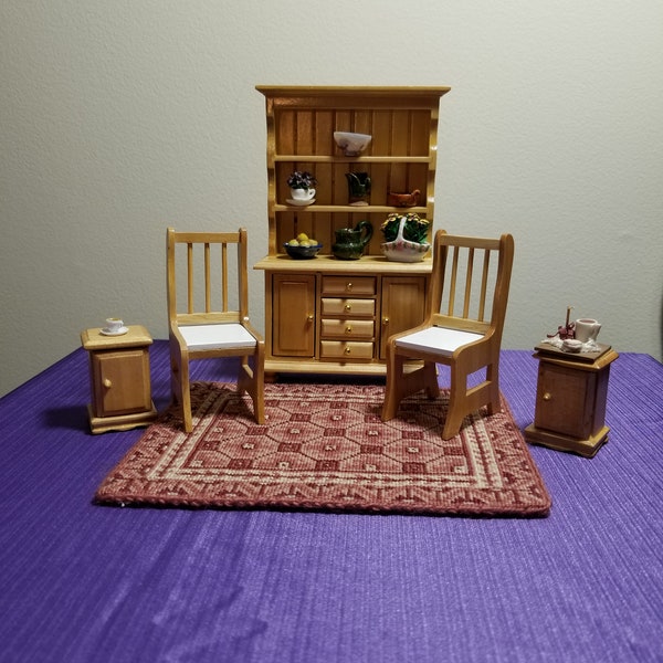 Scale 1:12 Miniature Dollhouse Wood Dining Room Hutch Two Chairs and Two Side Tables In Maple Finish