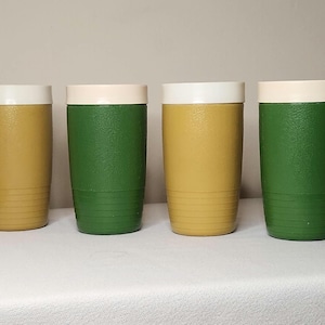 Four Mid-century Sunfrost Thermoware 8 Ounce Tumblers Green and Gold Thermoware Drinkware