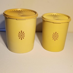 Two Vintage Tupperware Harvest Gold Canisters With Starburst Labels and Servalier Lids