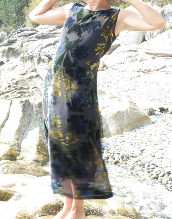Devore Vintage Dress, Silk Vintage Dress, Gold Gre