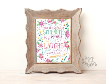 She is Clothed with Strength, 8x10 Proverbs 31 Print, Floral Watercolor Quote, Laughs, Mothers Day, Scripture art, Bible Verse art, R8P31S