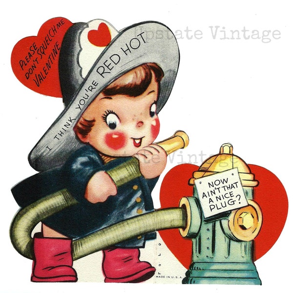 Vintage kitschy firefighter valentine, Digital Download, crafting, scrapbooking, printable, heart, fireman