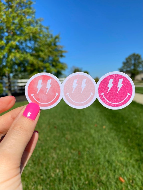 pink smiley face sticker / lightning bolt / over caffeinated sticker / holographic vinyl / 90s stickers / pink retro sticker